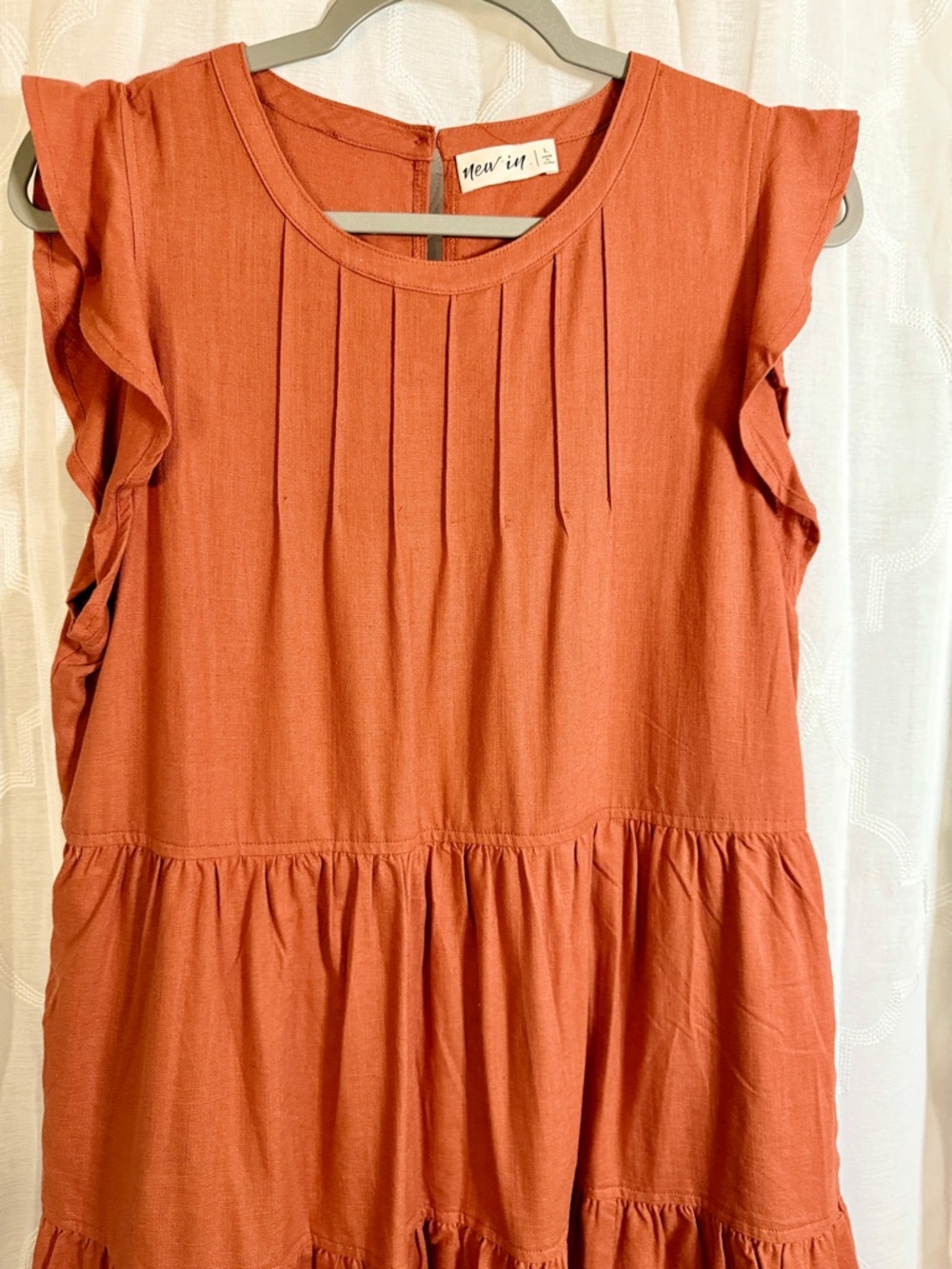New In Rust Orange Tiered Dress| Ruffle Sleeve Mini Dress | Boho Casual | Size L - Picture 4 of 8